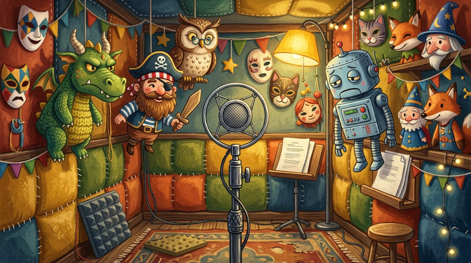 A cozy storybook voice booth: a vintage microphone in the middle, surrounded by puppets and masks on quilted walls: a grumpy green dragon, a jolly pirate, an owl in spectacles, a sad little robot and a wizard on a shelf.
